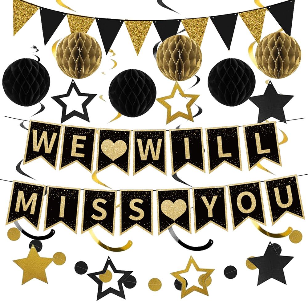 Farewell Party Decorations, Black Gold We Will Miss You Banner & Kit